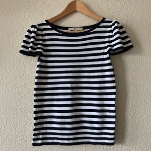 LOFT Black and White Striped Puff Sleeve Sweater